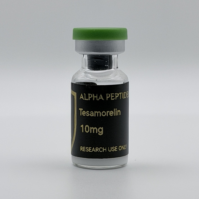 Alpha Peptides® Tesamorelin 10mg research vial, front view