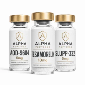 Three Alpha Peptides® vials side by side: AOD-9604 5mg, Tesamorelin 10mg and SLUPP-332 5mg