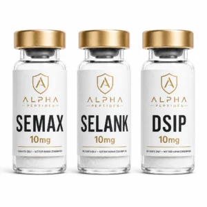 Three Alpha Peptides® vials side by side: Semax 10mg, Selank 10mg and DSIP 10mg