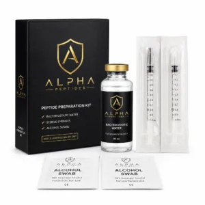 Alpha Peptides® Peptide Preparation Kit: black box, bacteriostatic water vial, two syringes, two swabs