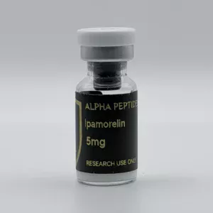 Alpha Peptides® Ipamorelin 5mg research vial, front view