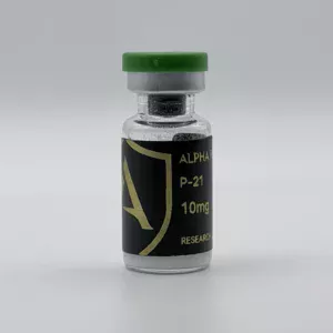 Alpha Peptides® P-21 10mg research vial, angled view