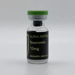 Alpha Peptides® Tesamorelin 10mg research vial, front view