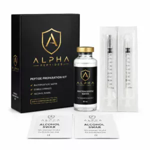 Alpha Peptides® Peptide Preparation Kit: black box, bacteriostatic water vial, two syringes, two swabs