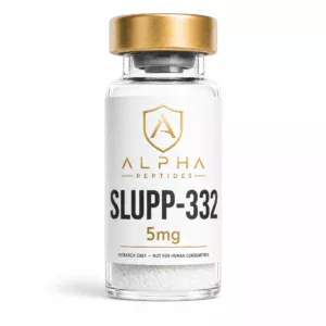 Alpha Peptides® SLUPP-332 5mg vial with gold cap, white label and white powder at the base